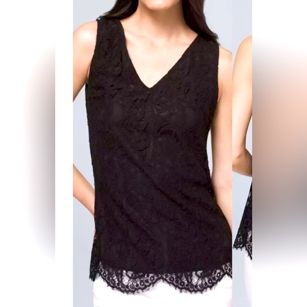 White House Black Market WHBM Lace V-Neck Sleeveless Black Top Size Large